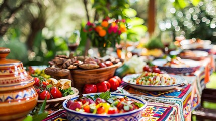 Fototapeta premium Culinary Diversity on Display: Vibrant Outdoor Table Setting with Global Cuisine, Fresh Ingredients, and Cultural Decorations