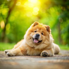 Chow Chow dog lying on grass on blurred summer natural background, looking at the camera.