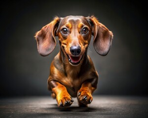 Dachshund dog running on a dark smoky background, looking at the camera.