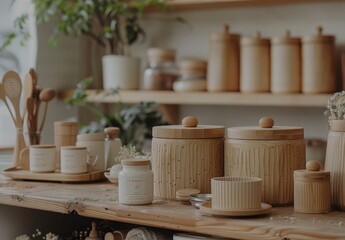 A warm, organized kitchen setting featuring rustic ceramic and wooden kitchenware Natural light highlights the textures