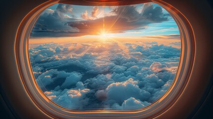 Vibrant sunset cloudscape with rays of sunlight streaming through, viewed from an airplane window
