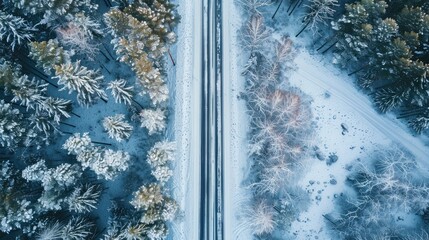 Aerial drone picture of a picturesque rural road with white markings in winter above snow covered fields and forests capturing a vintage style