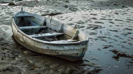 Rowboat stranded on shore at low tide