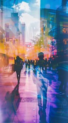 Abstract urban scene with people walking in city streets, vibrant colors, and dynamic lighting effects, creating a blend of motion and stillness.