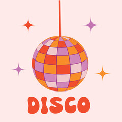 Retro Groovy disco ball in orange, red and pink with  little stars on white background . Disco vintage poster for retro 70s parties