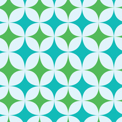 Mid Century Modern starbursts seamless pattern in green and teal over white background. For home decor, textile and fabric.
