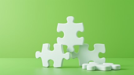 3D illustration of white puzzle pieces stacked on green surface in bright daylight.