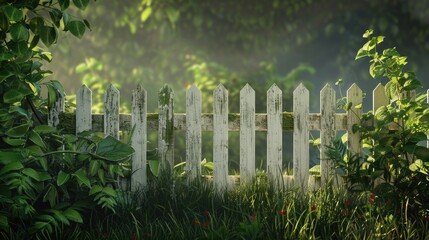 A tranquil morning scene with an aged white fence and untamed greenery