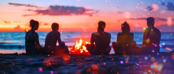 Group of friends enjoying a beach bonfire during a vibrant sunset, surrounded by a colorful and magical atmosphere.