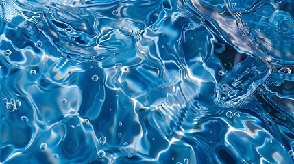 Transparent blue clear water surface texture with ripples, splashes and bubbles.