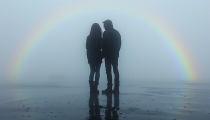 Silhouette of couple holding hands under a rainbow in the mist.