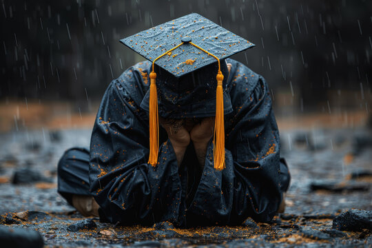 College student worrying about student loan debt and the uncertain job market upon graduation. Concept of student debt crisis and financial insecurity. Generative Ai.