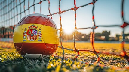 Spain national flag soccer ball in goal net, sports concept with spanish colors for football fans