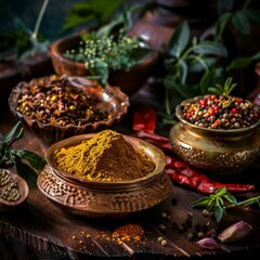 Exotic spices, ground and displayed on a tray with garnish. Thai, Chinese, Indian, Curry or Italy 