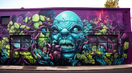 Obraz premium Illustration design of local art and street art movements, with a green background and colorful flowers