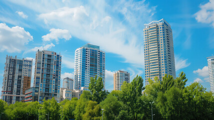 Urban skyline featuring high-rise buildings on a sunny day
