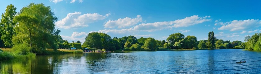 Obraz premium Riverside Picnic, a peaceful riverside scene with people having a summer picnic