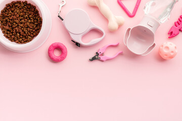 Pet supplies on a soft pink backdrop, featuring a bowl with nutritious brown pet food, pink leash,...