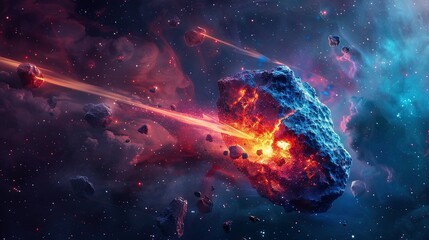Space Abstraction: Bright Comet and Laser Flash Through Stone