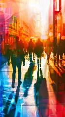 Vibrant urban scene with blurred silhouettes of people walking through a city street bathed in colorful lights and reflections.