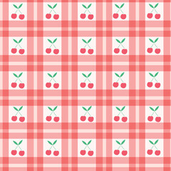 Red Cherries on plaid gingham seamless pattern. For fabric, textile and tablecloth