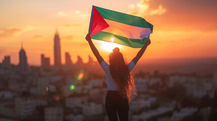 A girl holds the Palestine flag high, with city skyline in the background at sunset. The photo is taken from behind her and she has both hands raised holding up the Palestinian Flag .
