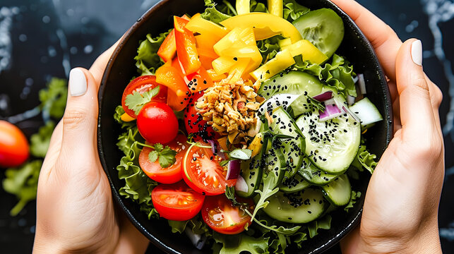 Mains de femme tenant un bol de salade compos&eacute;e