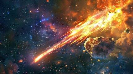Obraz premium Abstract Space Background: Burning Comet and Flashing Laser