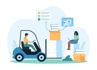 Paperwork, office documents and data organization. Tiny people carry stack of paper sheets, folders and books, boxes with archives on forklift to organize storage cartoon vector illustration