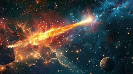 Bright Abstract Space: Burning Comet and Laser Flash
