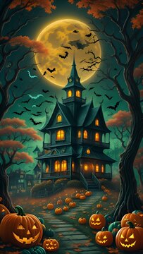 Background halloween and halloween night with a spooky house and bats