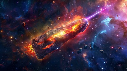 Space abstract background, burning comet, flash, laser through the stone, bright colors