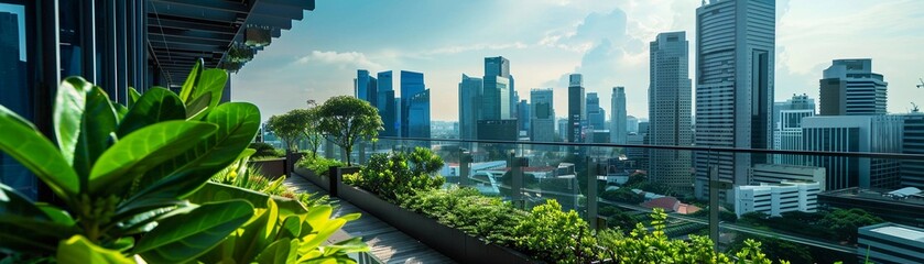 Fototapeta premium Urban Rooftop Garden, an urban rooftop garden with lush greenery and city views