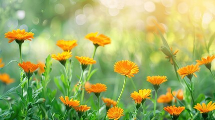 Fototapeta premium Orange Calendula Flowers in Summer Meadow with Marigold Flowers for Natural Medicine