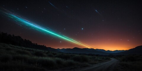 luminous glowing colorful trail of shooting star on a dark night sky