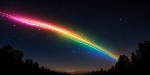 luminous glowing rainbow trail of shooting star on a dark night sky
