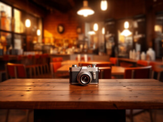 Empty wooden table and Coffee shop blur background with bokeh image.