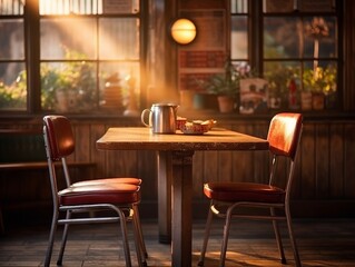 Empty wooden table and Coffee shop blur background with bokeh image.