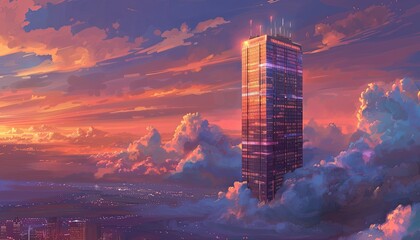 A tall building is seen in the sky with a city below - Powered by Adobe