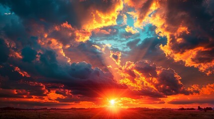 Fototapeta premium Fiery Sunset Clouds, Dramatic orange and red sunset over a field, Nature's Canvas