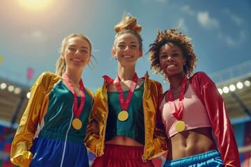 Three diverse female athletes celebrating victory with medals