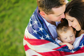 A family on a green lawn, celebrating July 4th with an American flag