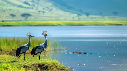 Two birds standing on a grassy bank by a lake