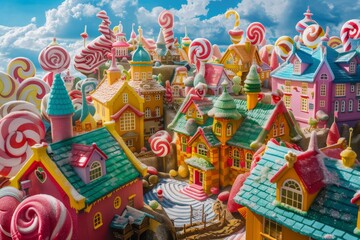 A colorful, whimsical candy village under a bright blue sky, featuring an array of candy-themed buildings and sweet landscapes.