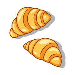 Two croissants bake puff pastry color flat design on white background. Vector illustration of bakery goods for poster label and menu bakery shop.