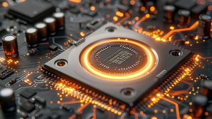 Computer circuit board and computer chips that look like an urban city. Bright colors.