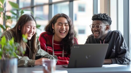 Three cheerful diverse students in casual wear are engrossed and laughing as they look at laptop screen in bright, modern study space with window view