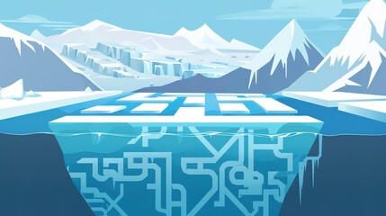 Iceberg maze flat design front view, ice and snow seascape, animation, analogous color scheme