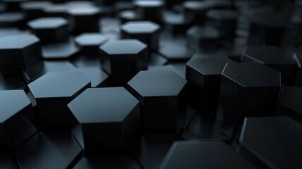 Abstract hexagon geometry background. 3d render of simple primitives with six angles in front. Dark lighting