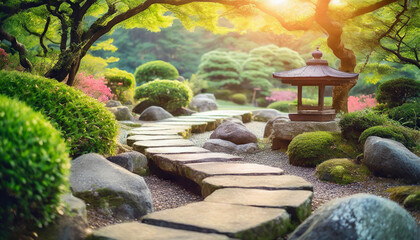 Tranquil Japanese garden scene with stone path leading to Zen enlightenment amid serene morning ambiance